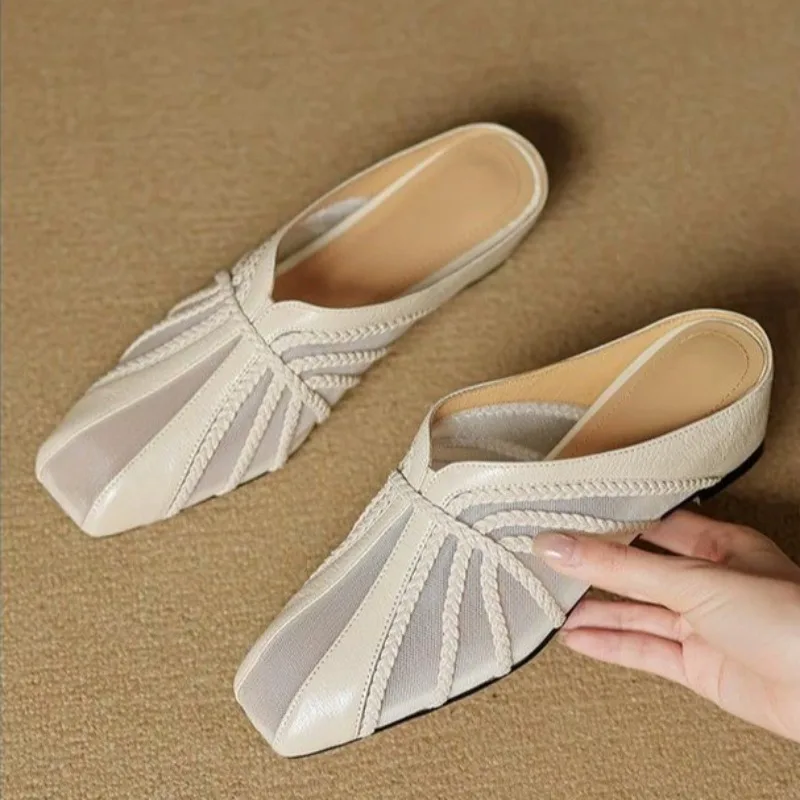 2026 Summer New French-style High-end Sense Mesh Surface Hollow-out Woven Baotou Half-slippers Female Inner Heightening