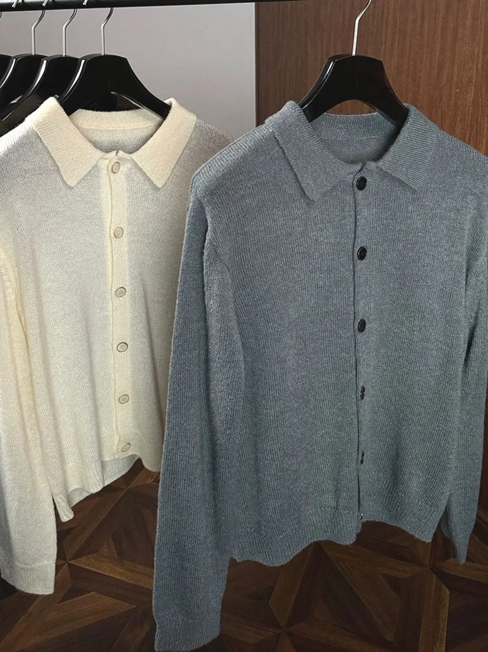 

Мужской вязаный кардиган с воротником на пуговицах, верхняя одежда из шерсти Core-Spun, модный приталенный крой, длинный рукав, дышащий