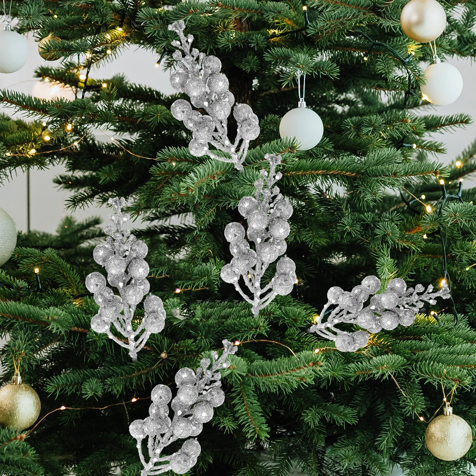 

10pcs Artificial Snow Berry Stems Silver Tree Branches Christmas Decorations Fake Berry Sprays Holiday ornaments