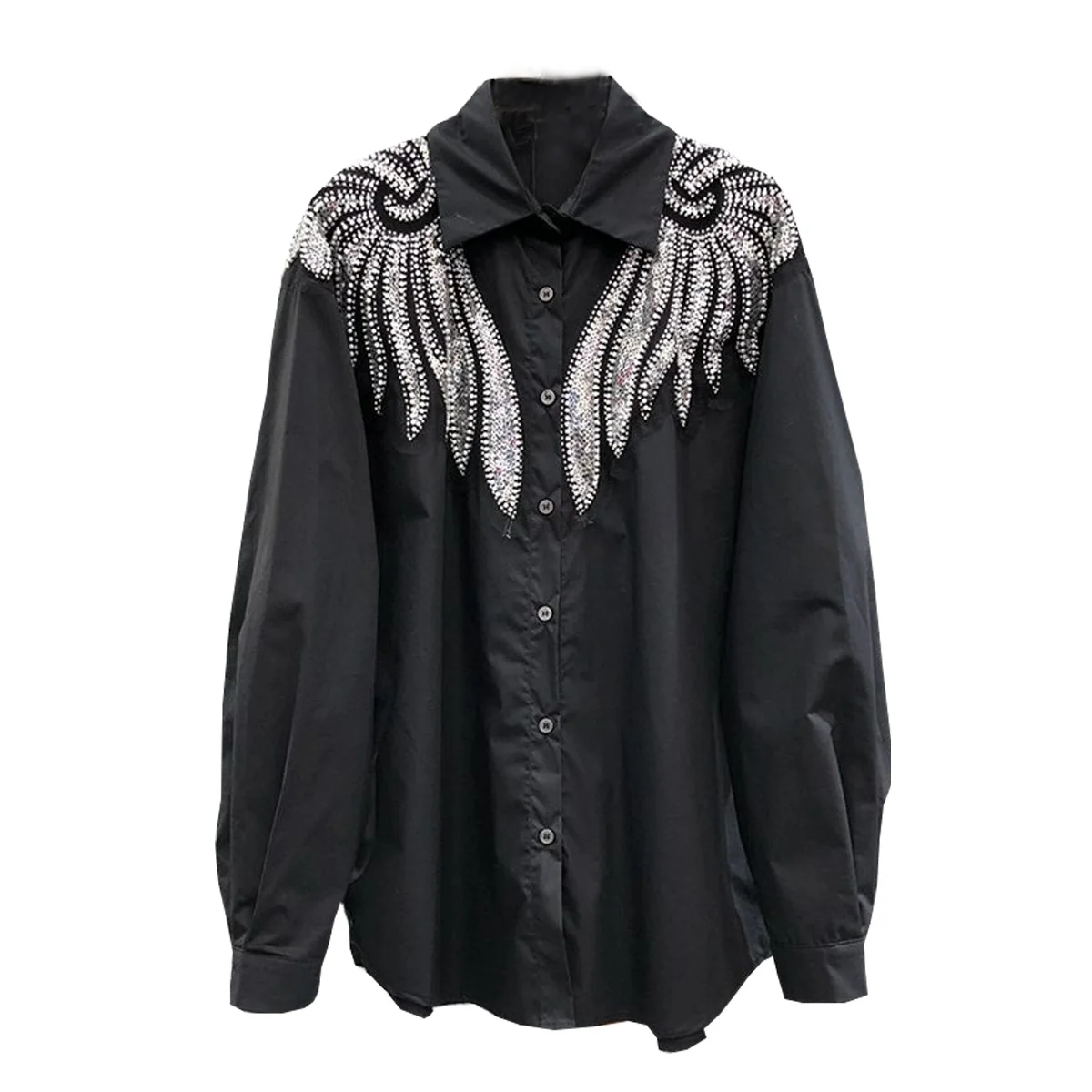 Women Shirt Sequines Beading Wing Chiffon Turn-down Collar Lapel Blouse Casual Autumn Spring Long Sleeve Top
