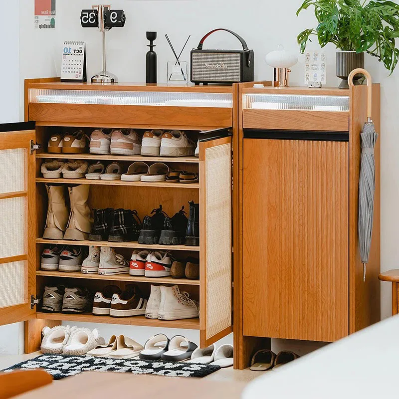 Vertical Rattan Shoe Cabinet Household Door Solid Wood Entrance Shoe Rack Capacity Storage Sapateira Space Saving Furniture