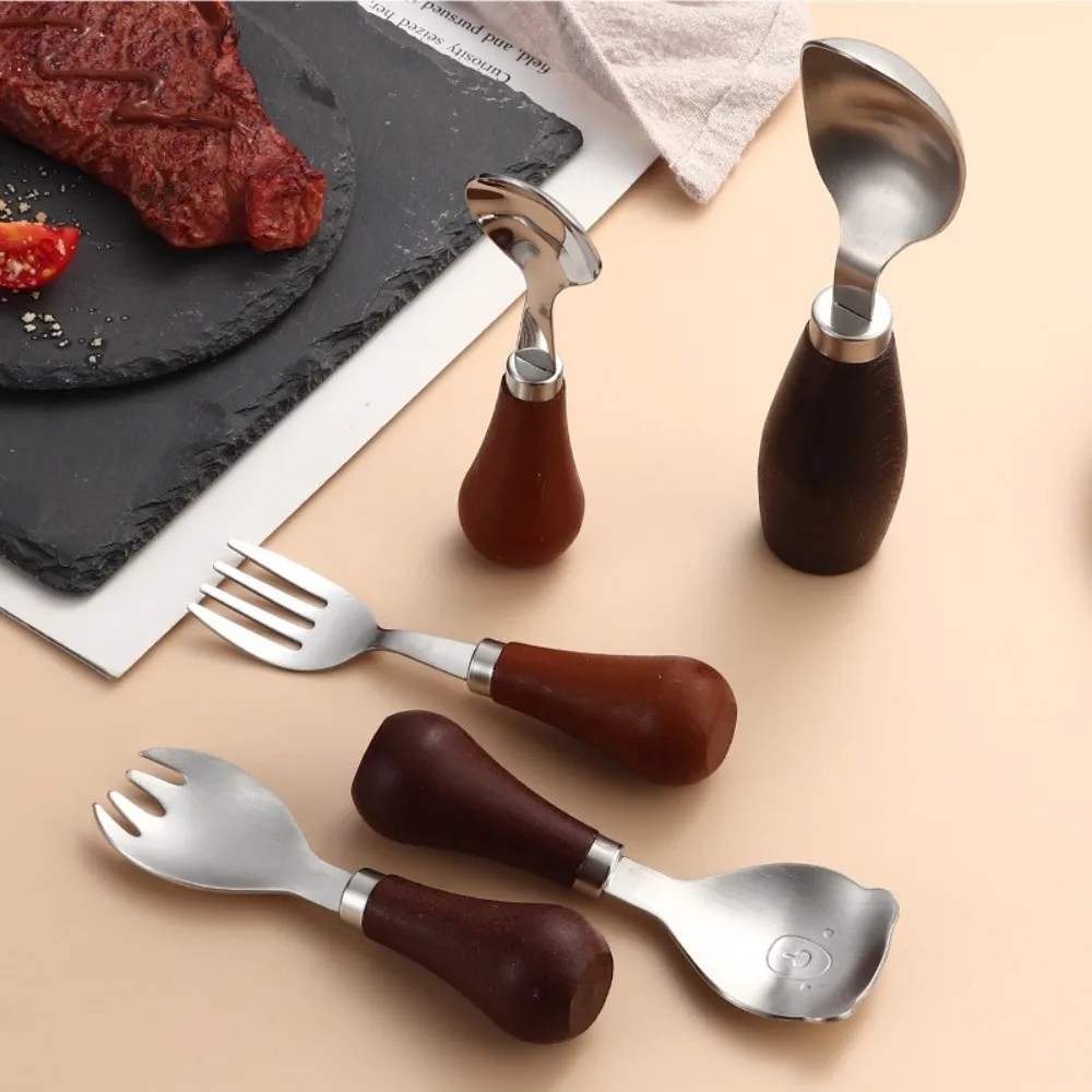 New Standing Wooden Handle Spoon Round Bottom 304 Stainless Steel Wood Handle Fork 3D Bear Shape Soup Spoon Kitchen Tool