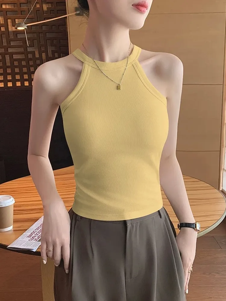 95% Cotton Halter Neck Large Size Women's Tank Top with Chest Pad New Integrated Beautiful Back Underwear for Summer