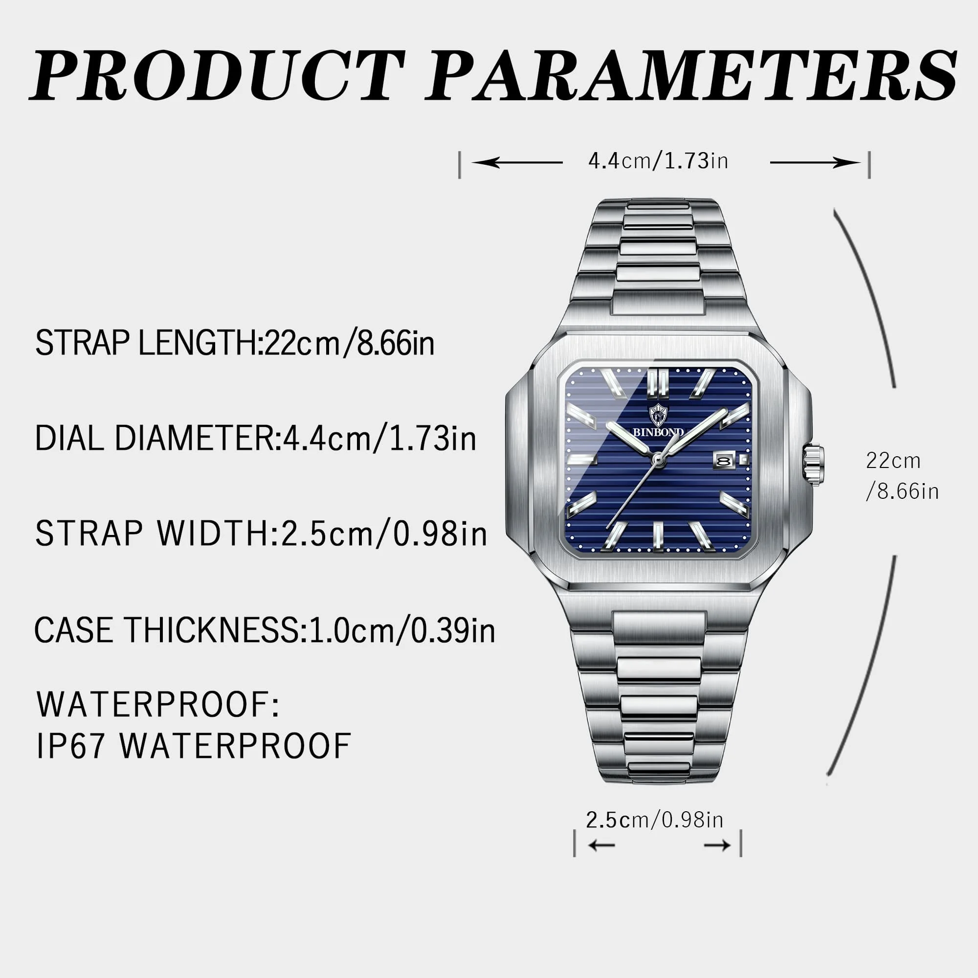 BINBOND Mode Mannen Horloge Lichtgevende Waterdichte Chronograaf Datum Man Horloge Vierkant Roestvrij Staal Quartz heren Horloges Reloj
