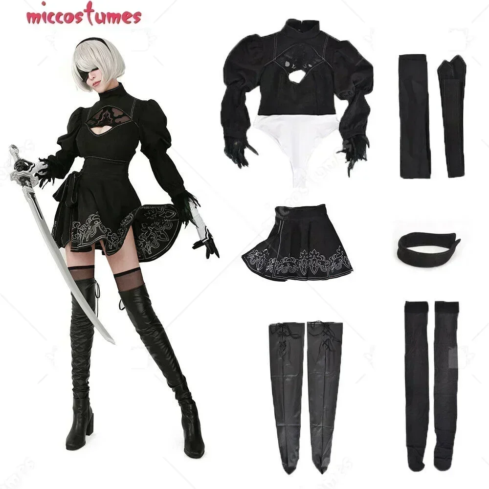 Justaucorps de costume de cosplay 2B pour femme, jupe avec bandeau, leggings et perruque, Mic303