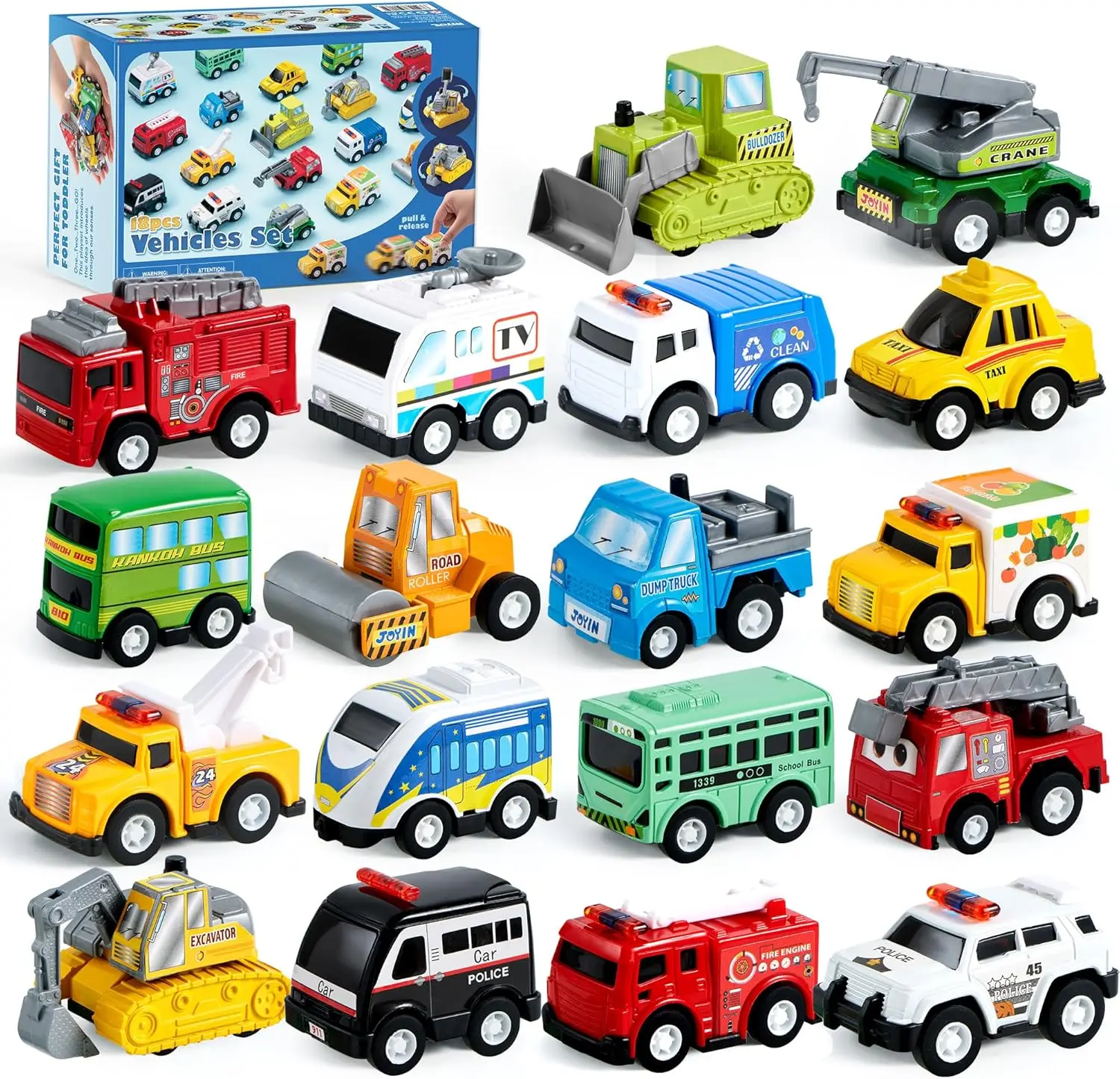 JOYFY 18 pezzi Pull Back City Cars e camion Veicoli giocattolo Set Macchine alimentate ad attrito per bambini I migliori regali di Natale di compleanno