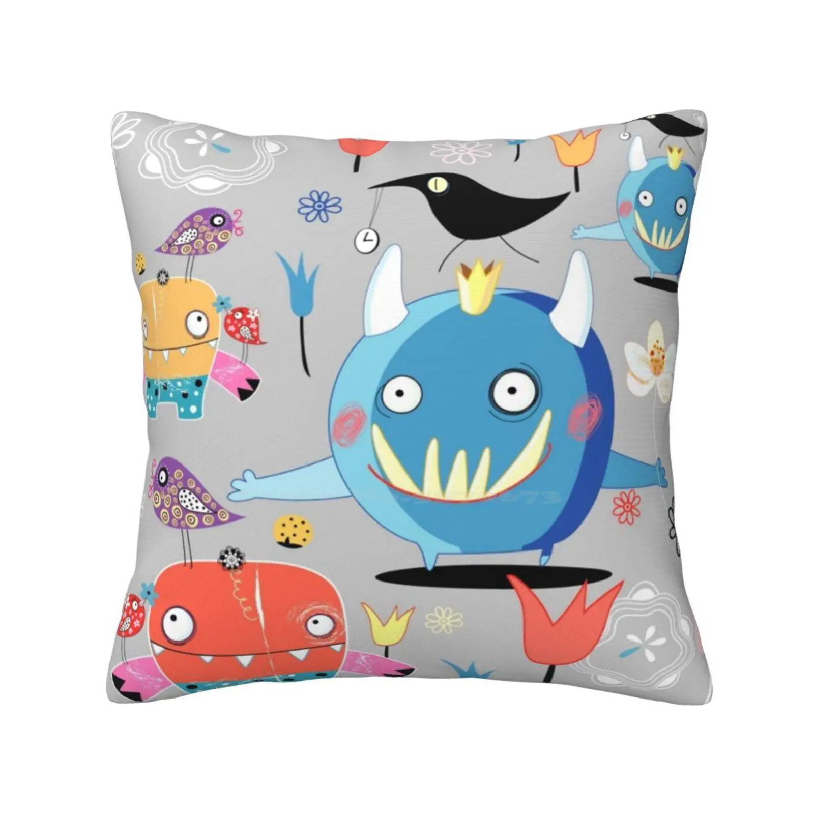 Funny Monsters Fashion Sofa Throw Pillow Cover Pillowcase Monsters Smiles Love Birds Blue Red Fun Background Beauty Colorful