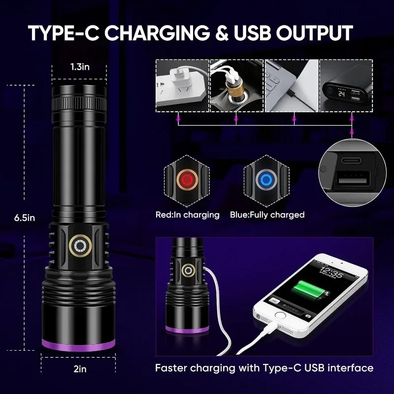 365nm LED Flashlight 20W Black Mirror UV Light USB Rechargeable Output Ultraviolet Lamp for Pet Urine Detection Resin Curing