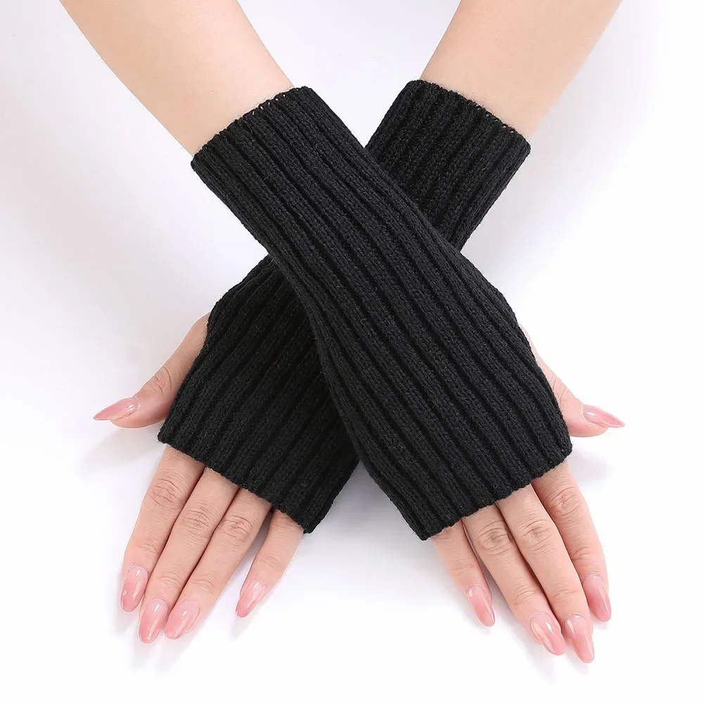 Women Half Finger Gloves Winter Knitted Arm Sleeves Fingerless Mittens Solid Color Soft Gloves Students Touch Screen Gloves