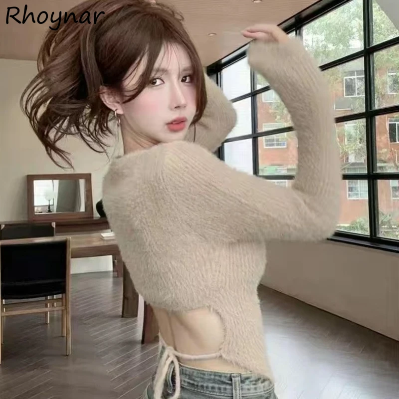 

O-neck Pullovers Women Solid Hollow Out Lace Up Simple Hot Sweet Girls Korean-style Backless Slim Trendy All-match Velvet Warm