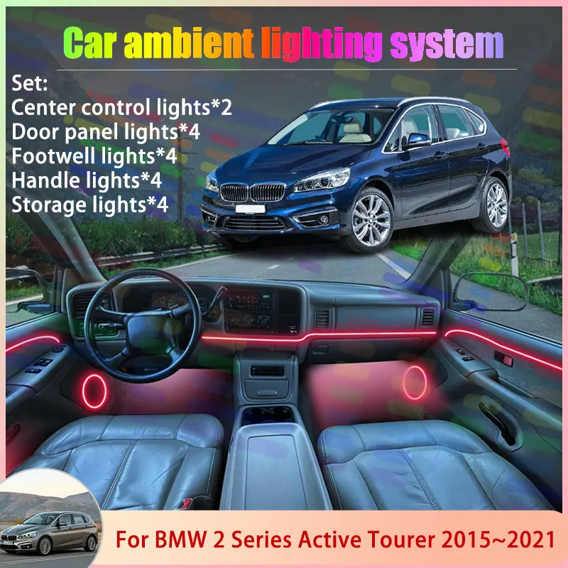 

Для BMW 2 серии Active Tourer 2015 ~ 2021 F45 F46 2/18 в 1, автомобильная атмосферная лампа, RGB абажур, ансамбль, стример, атмосферный набор