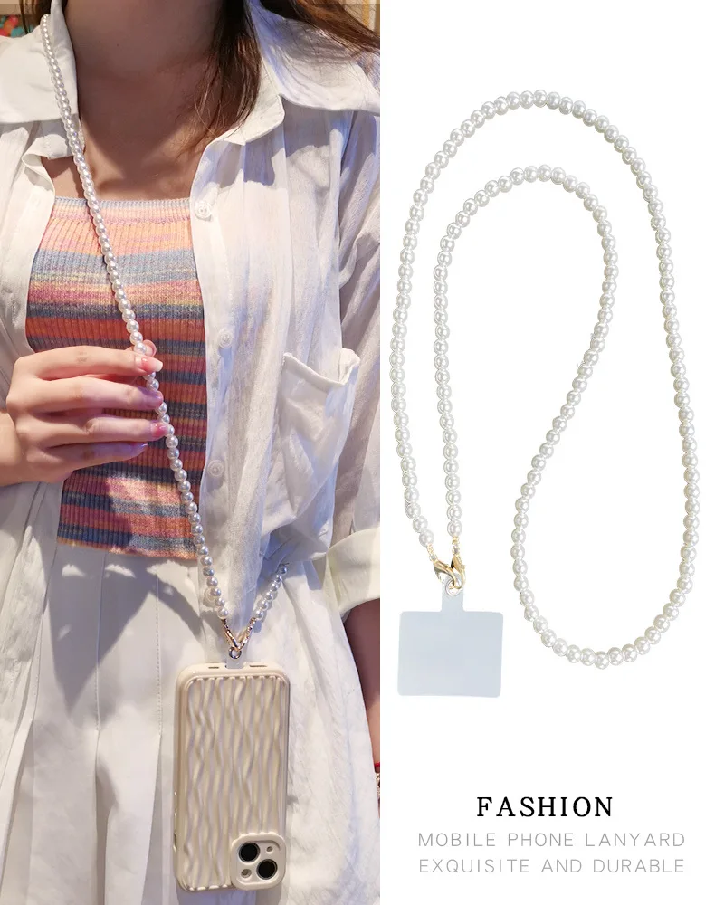 120cm Long Diagonal Pearl Phone Lanyard Handmade Detachable With Transparent Pad Phone Case Hanging Chain Fashionable and Simple