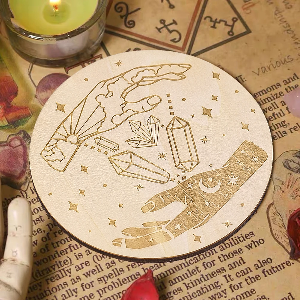 Laser Engraved Wooden Disc Crystal Celestial Hand Moon Star Mystic Altar Tile Wicca Pagan Ritual Tool Crystal Grid Base 10cm
