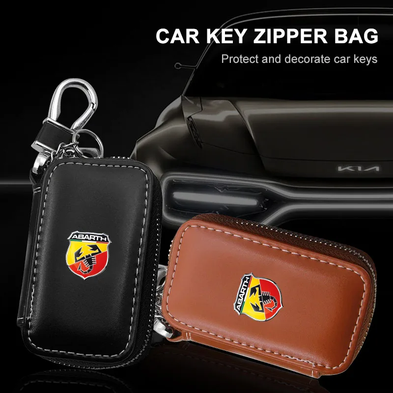 1Pcs Leather Emblem Car Key Case Keychain Zipper Key Case Bag Emblem For Abbas Abarth Fiat Punto124/125/500 Stilo Ducato