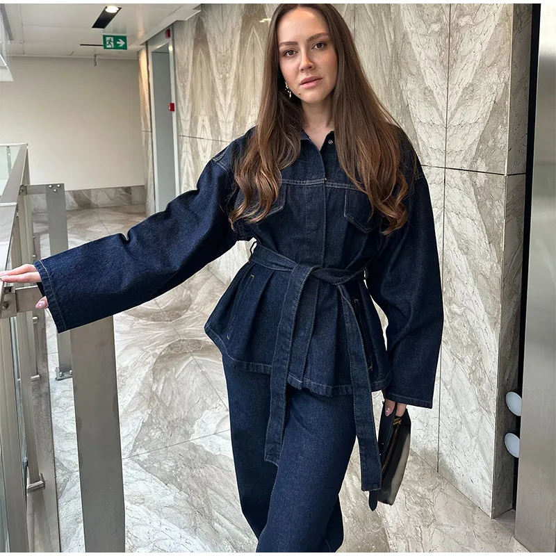 Zweiteiliges Vintage-Jeans-Set für Damen, einreihig, Reversgürtel, Jacke, passende Jeans mit hoher Taille und geradem Bein, lässiges tägliches Outfit – Detail 12