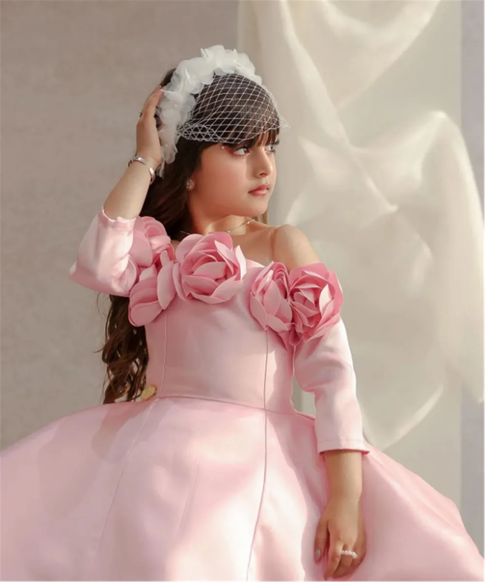 

Elegant Pink Satin Christmas Flowers Tiered Flower Girl Wedding Dress Princess Birthday Party First Communion Gown Customized