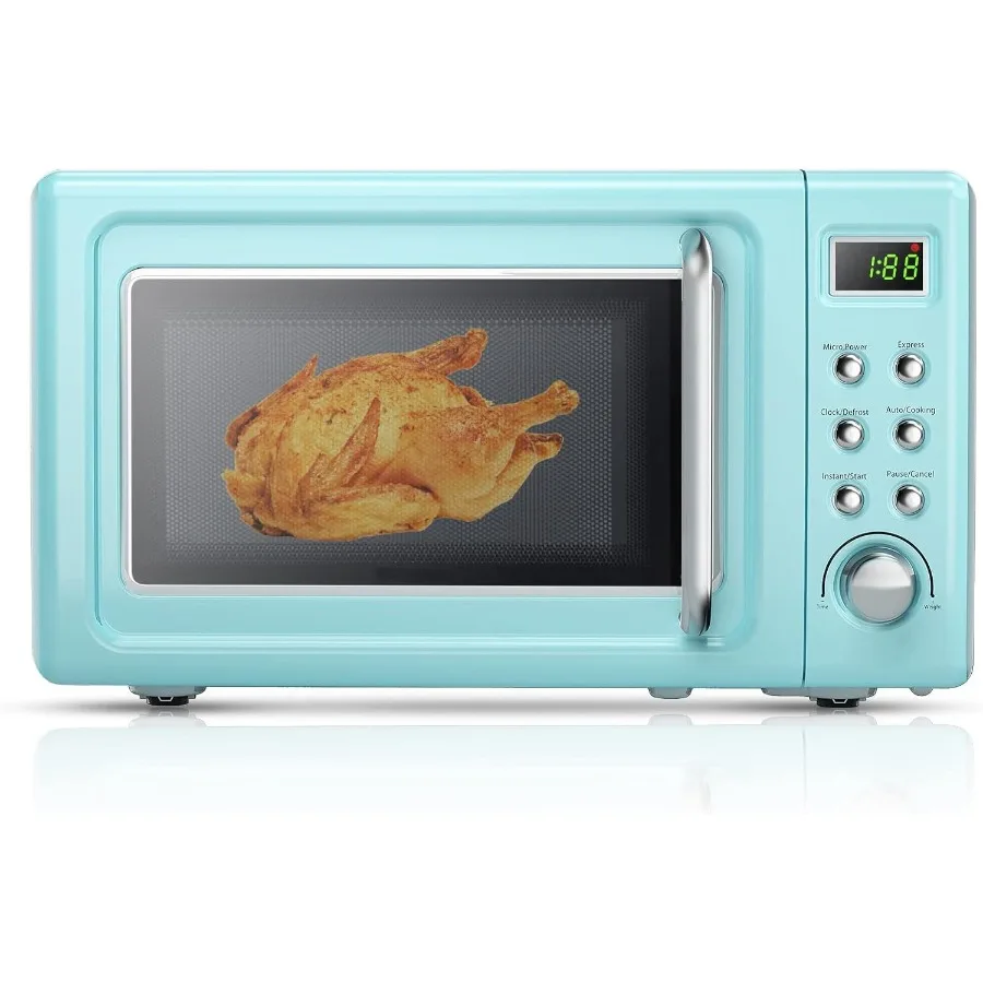 0.7 Cu.ft Compact Microwave Oven Digital Timing Child Lock Small Microwave w/Glass Turntable 6 Preset Buttons Delayed Start Fun