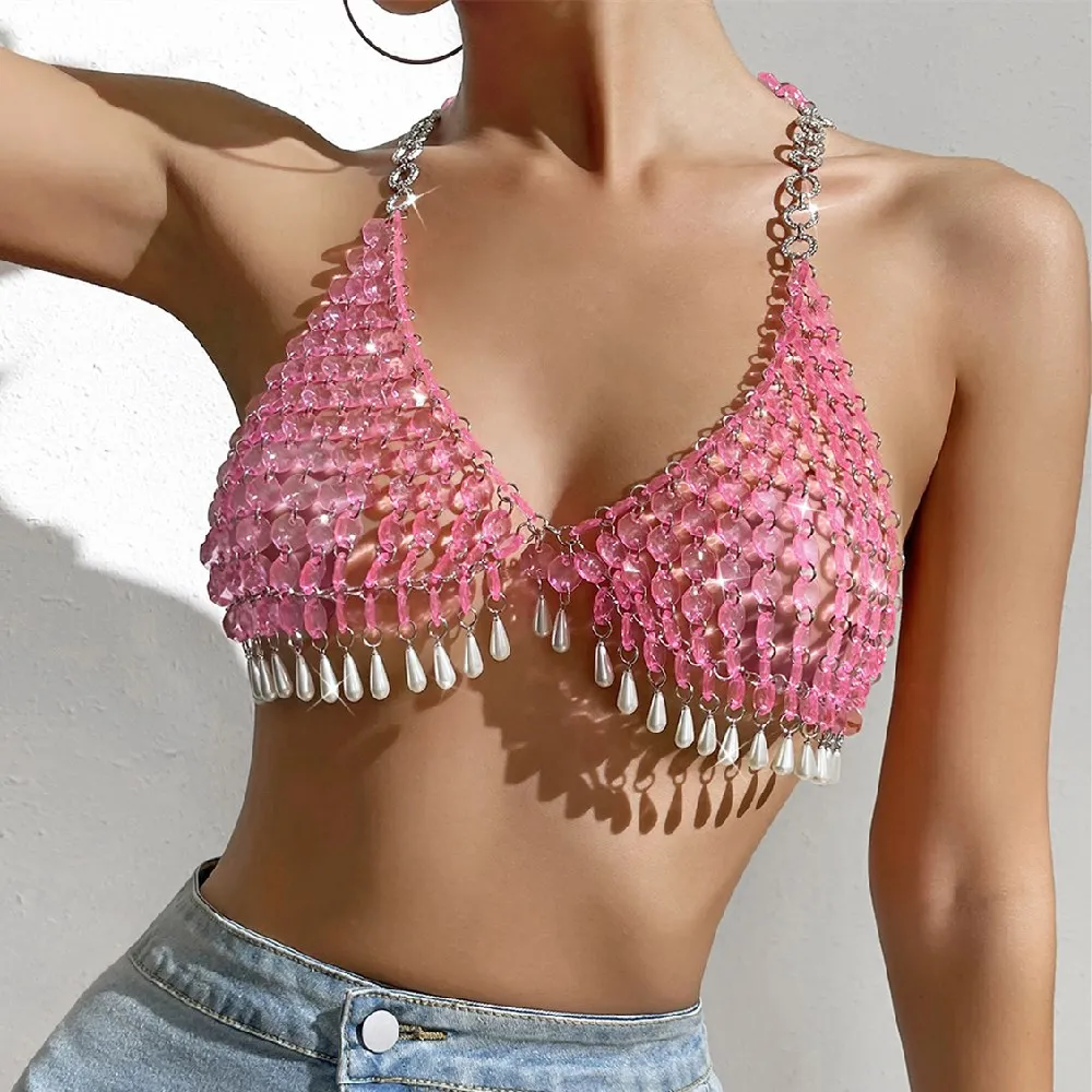 Shiny Pink Gems Tank Top Imitation pearl Tassel Body Chain 2023 Trendy Sexy Festival Rave Backless Crop Tops Summer Party Jewelr