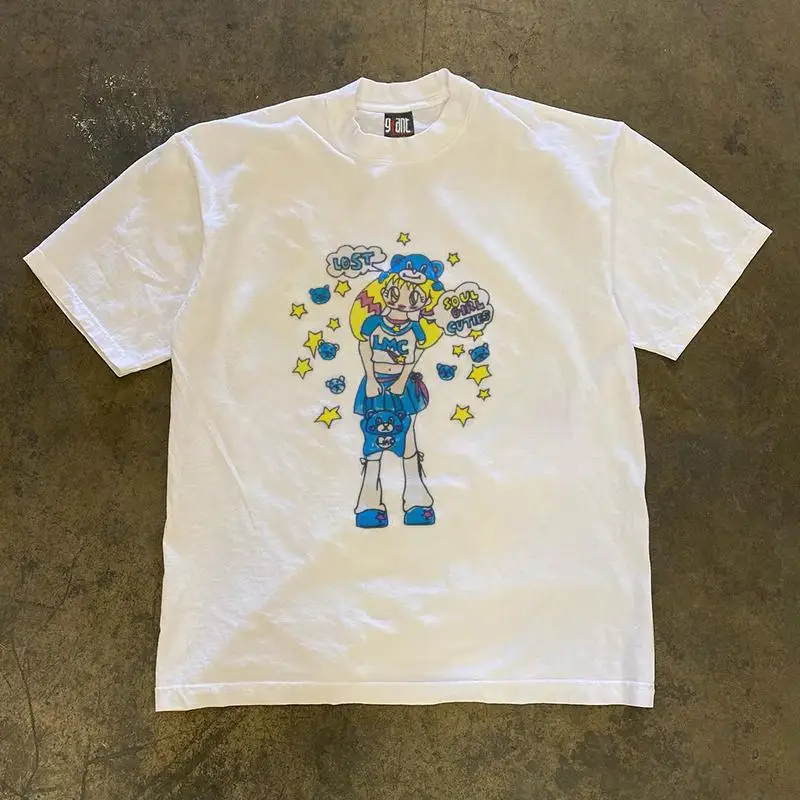 

Heavyweight Non-Lightweight American Cartoon Blue Girl Loose Pure Cotton ort Sve T-irt Women's Tee IGEUMM 260g