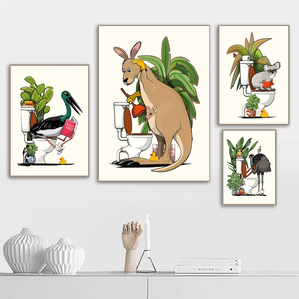 

Black Stork on Toilet Poster Funny Animal Kangaroo Fixing Toilet Prints Emu Koala Bear Using Toilet Wall Art Canvas Painting Dec