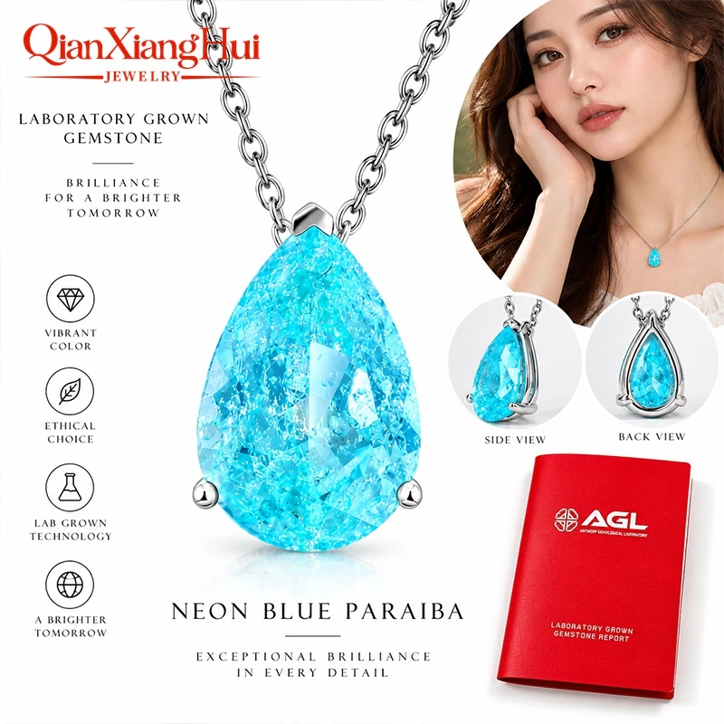 925 Silver Pear Shape 8CT 10x14mm Lab Grown Created Inclusions Green /Neon Blue Paraiba Color YAG Stone Pendant Necklace