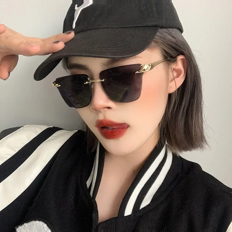 

Trendy Women's Cut Edge High End Fashion European Ins Sunglasses Rimless Metal Leopard Head Sunglasses