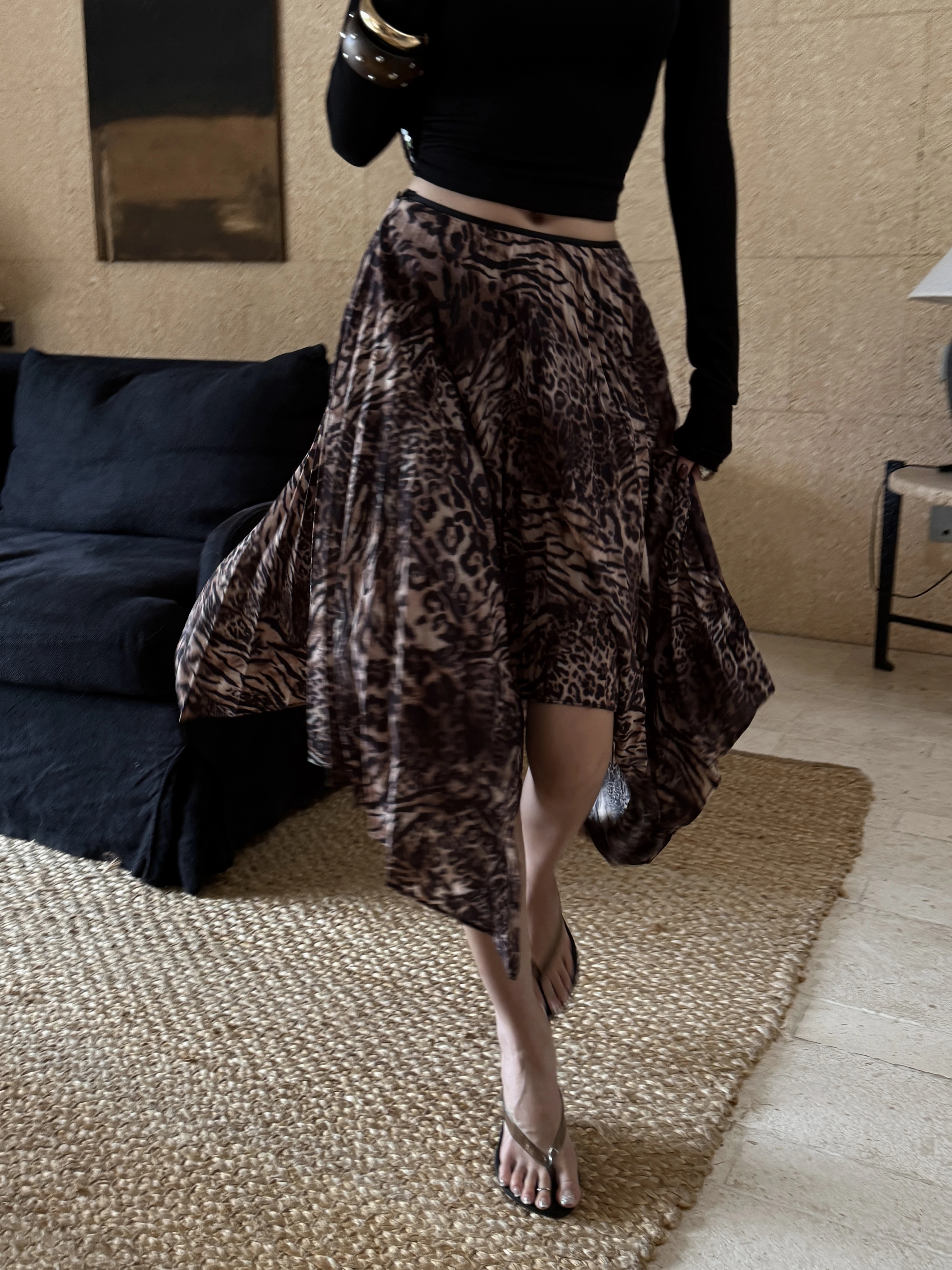 Stylish American Retro Half-length Skirt with Irregular Leopard Print for Women Low-waist Street Style Polyester Fiber