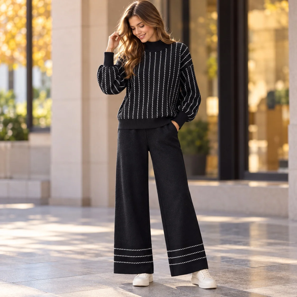Turtleneck Striped Set Full Length Office Style with Elegant Professional Autumn Elegant Business Long Sleeve Women Winter Sets