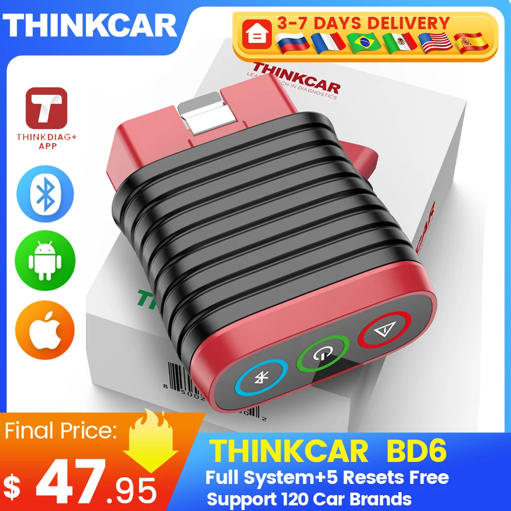 THINKCAR BD6 obd2, Bluetooth, беспроводной инструмент для диагностики всех систем для iOS и Android, 5 сбросов, бесплатная доставка