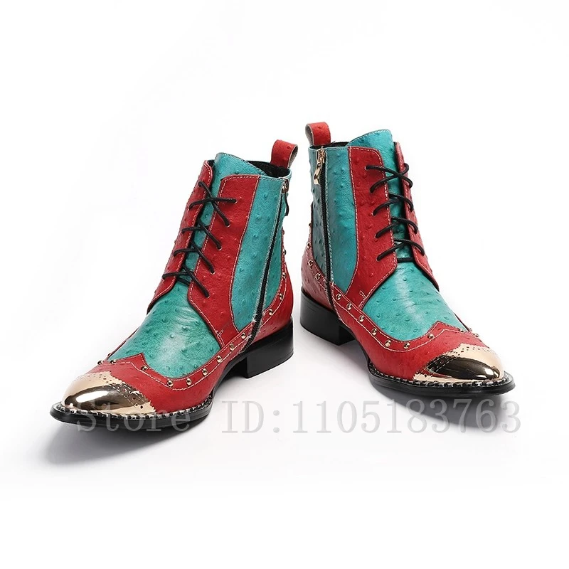 Men Genuine Leather Color Matching Ankle Boots Lace Up Zipper Rivets High Top Ankle Boots Classic Business Dress Boots