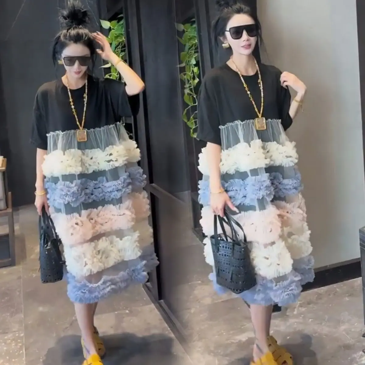 여성용 스윗 메쉬 스플라이스 러플 티셔츠 드레스 롱 배색 거즈 플리츠 로터스 케이크 티 드레스 반팔 O넥 탑