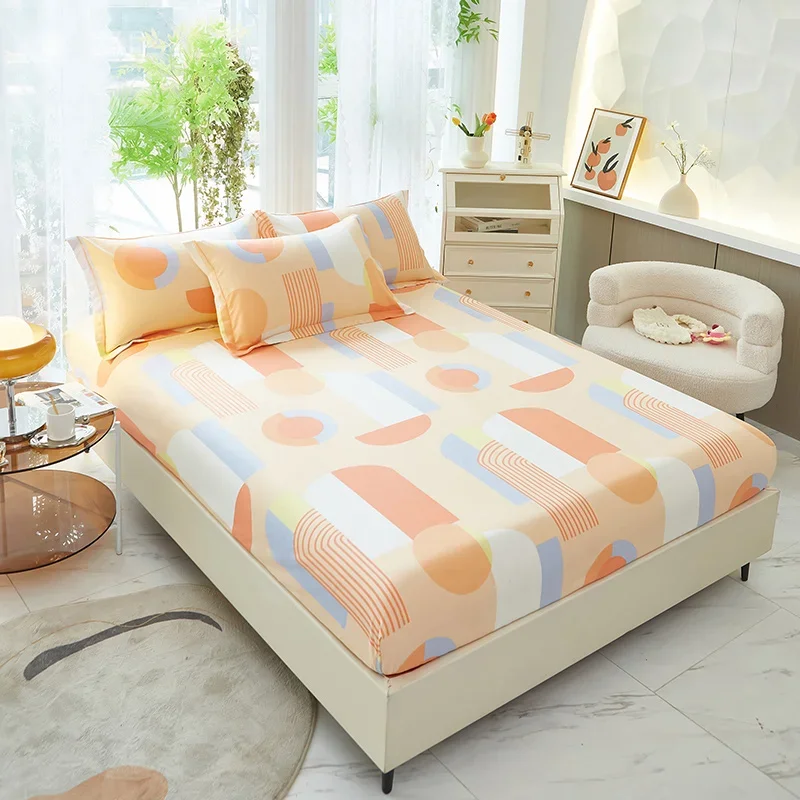 3pcs Cotton Simple Bohemian Style Fitted Sheet Set Soft Skin-friendly Colorful Geometric Print Bedding Orange Line Fitted Sheet