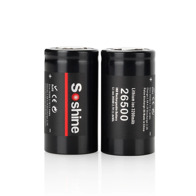 2pcs/lot original Soshine 3.7V 3200mAh 26500 Rechargeable battery Li-ion Batteries Cell hot sell  Optional charger