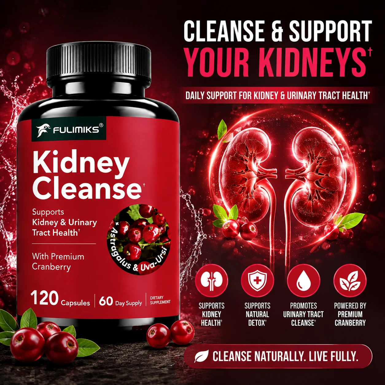 Kidney Cleanse Capsules Cranberry Astragalus Uva Ursi Dandelion Turmeric, Support Urinary Tract Bladder Health Detox Antioxidant