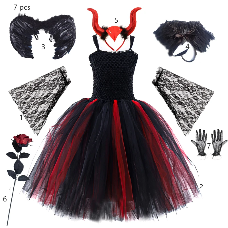 

2025 Princess Dress Girls Cosplay Queen Costumes Black Mesh Puffy Skirt Evil Queen Villain Dress Up Costume Halloween Clothing