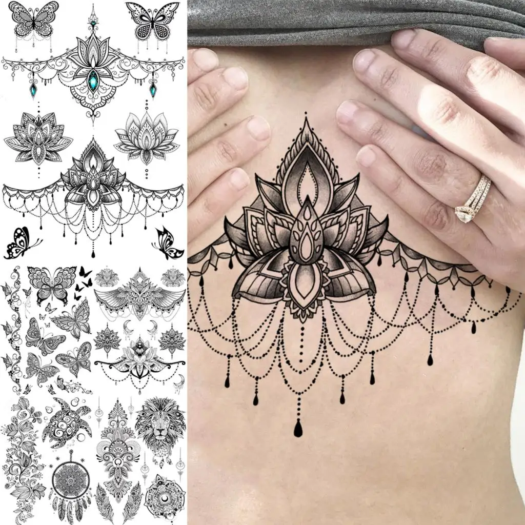 

Lotus Henna Mandala Chest Temporary Tattoos For Women Underboob Adult Butterfly Turtle Lion Fake Tattoo Sexy Waterproof Tatoos
