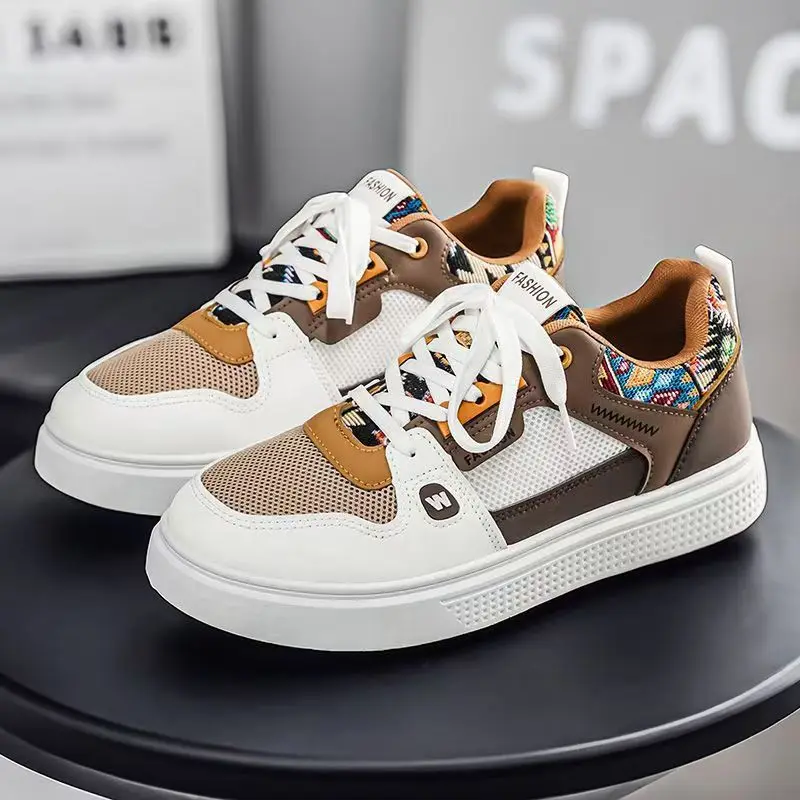 

Men Leather Mesh Patchwork Casual Board Shoes Spring Autumn New Thick sole Non Slip Low Top Lace Up Lightweight Casual Sneakers