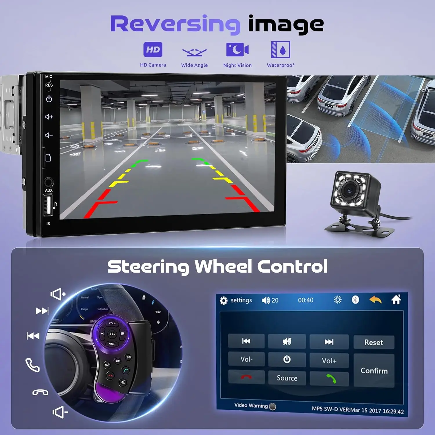 ستيريو سيارة بشاشة لمس عالية الدقة مقاس 7 بوصات مع بلوتوث، USB، AUX، FM، كاميرا خلفية، وصلة مرآة، تحكم في عجلة القيادة