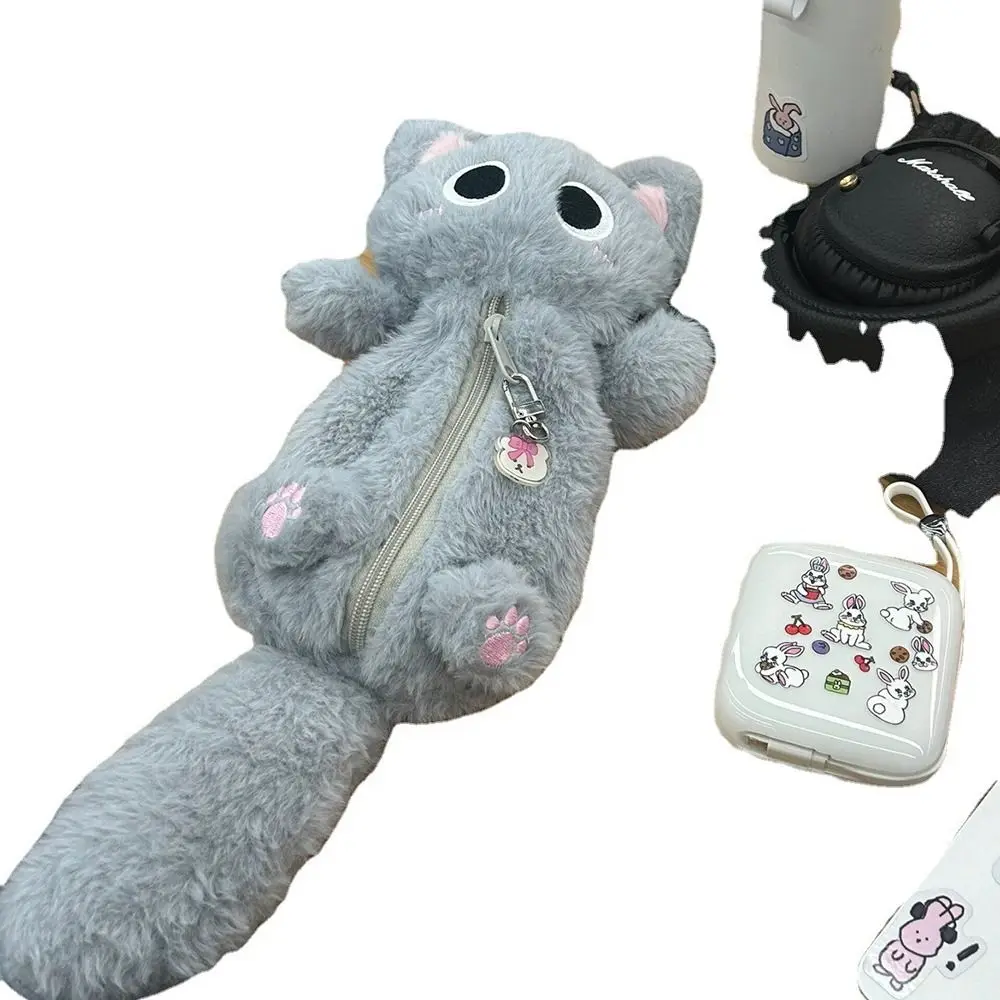 Plush Gray Cat Pencil Bag Thicken Large Capacity Cute Kitten Pencil Case Kawaii Soft Kitten Stationery Bag Desktop Organizer