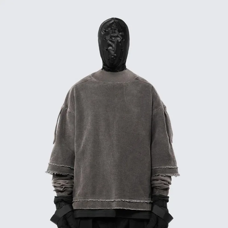 Men's High Street Oversized Hip Hop Hoodies Fashion Streetwear Vintage Sweatshirt Vibe Style Y2K Retro Pullover Tops Fake 2 PCS