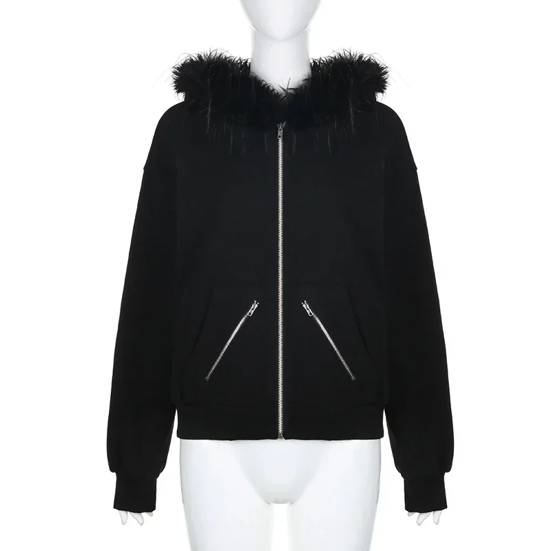 Vintage Fashion Zip Up Women Sweatshirts Casual Fur Collar Hoodies Chic Streetwear Aesthetic Pockets Cardigans image 6