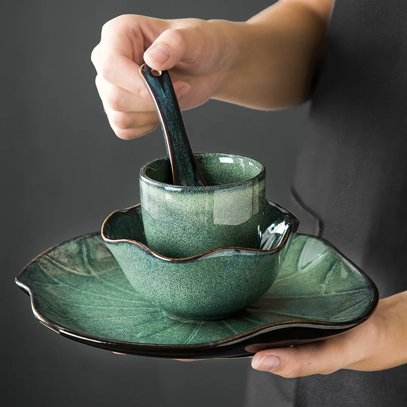 Kiln Change Lotus Leaf Shape Soup Rice Bowl Dinner Plate Tableware Cup Spoon Dinnerware