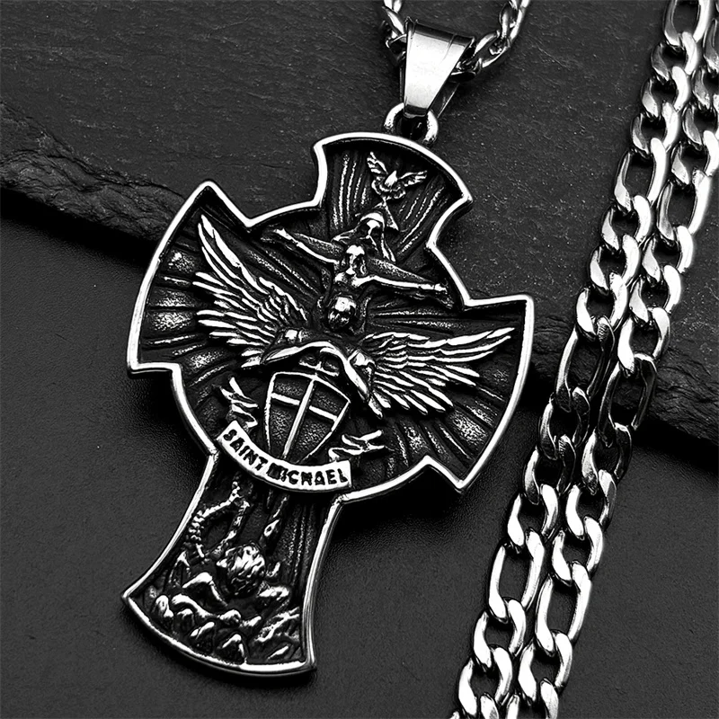 خمر رئيس الملائكة سانت مايكل يسوع الصليب قلادة قلادة للرجل الفولاذ المقاوم للصدأ أجنحة الملاك درع سلسلة تميمة المجوهرات #3