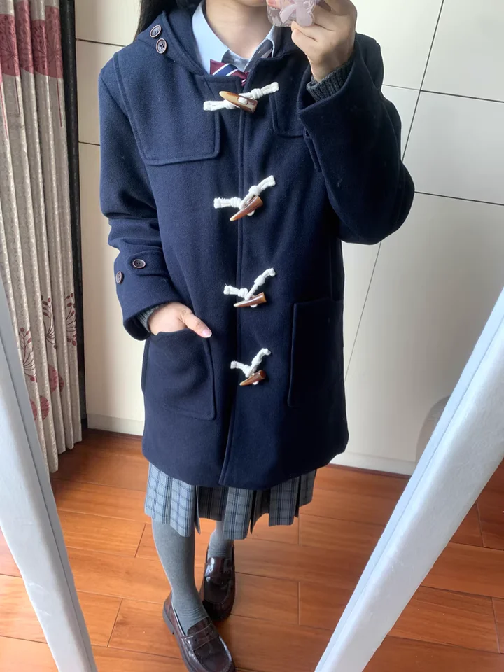 Autumn New Jk College Chic Horn Buckle Age-reducing Hooded Coat Women Sweet Japanese Thickened Medium Long Woolen Jacket