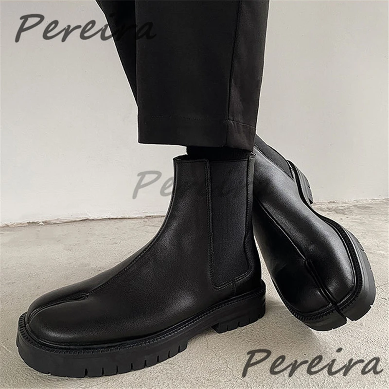 

Мужские черные короткие ботинки «Челси» в стиле ретро, модные ботильоны без шнуровки на толстой подошве с раздельным носком, весенне-осенняя трендовая мужская обувь на платформе