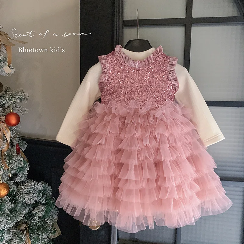 

UNIITM Kids Baby Girls Two-piece Set New Winter Glitter Thicken Toddler Girls Cake Dress+solid Color Infant Girls Undershirt