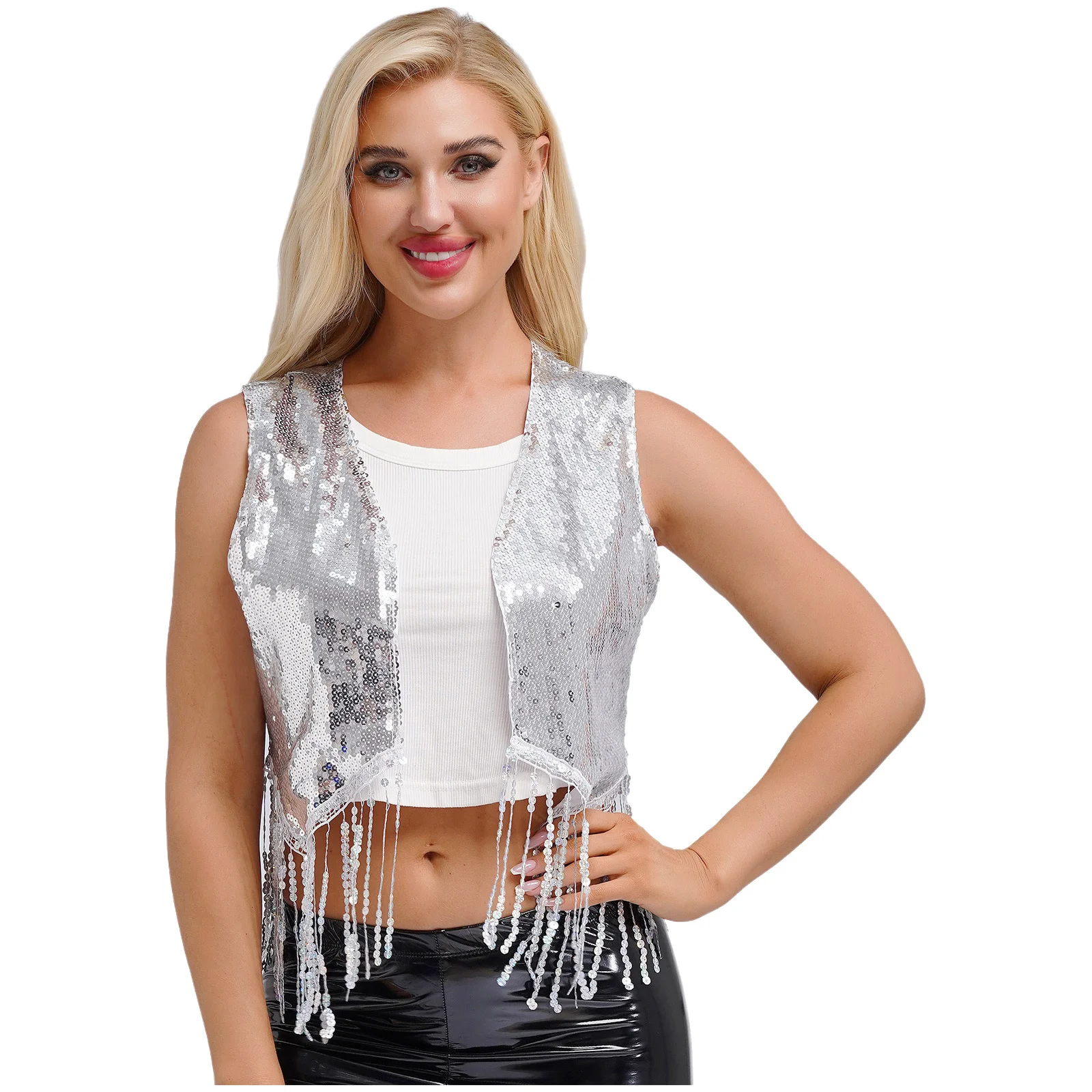 

Shiny Sequin Jazz 80s Disco Party Costumes Adult Female Sleeveless Sparkling Fringe Decor Cardigan for Club Raves Waistcoats