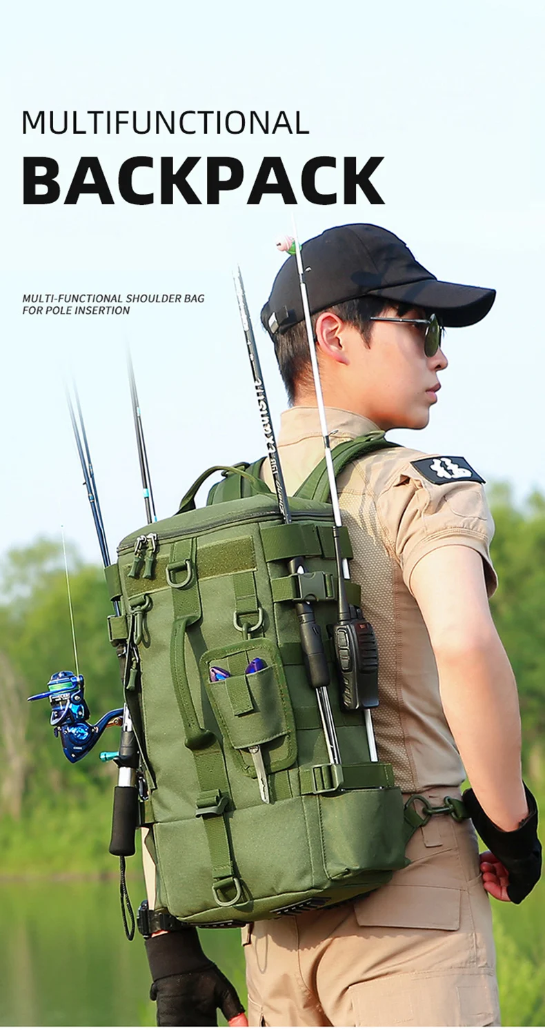Taktischer Angelrucksack, Tackle-Tasche mit Rutenhaltern, Aufbewahrung von Fischgeräten, Molle, Camping, Wandern, Outdoor, multifunktionale Tasche – Detail 2
