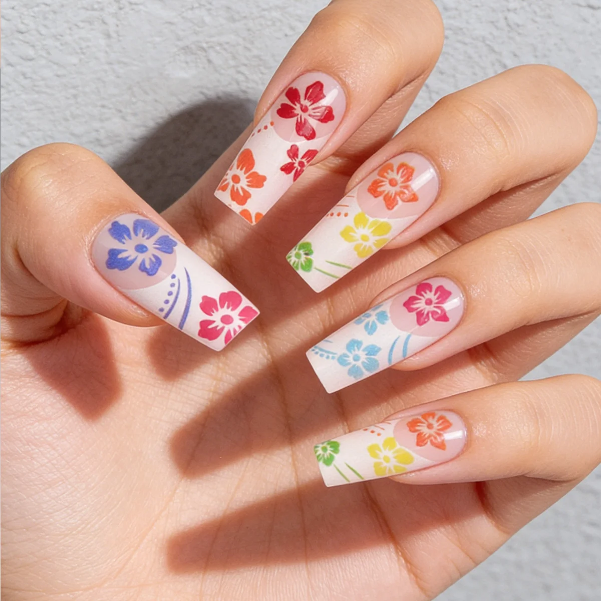 24pcs Press On Nails Long Coffin Colorful Flower Fake Nails 