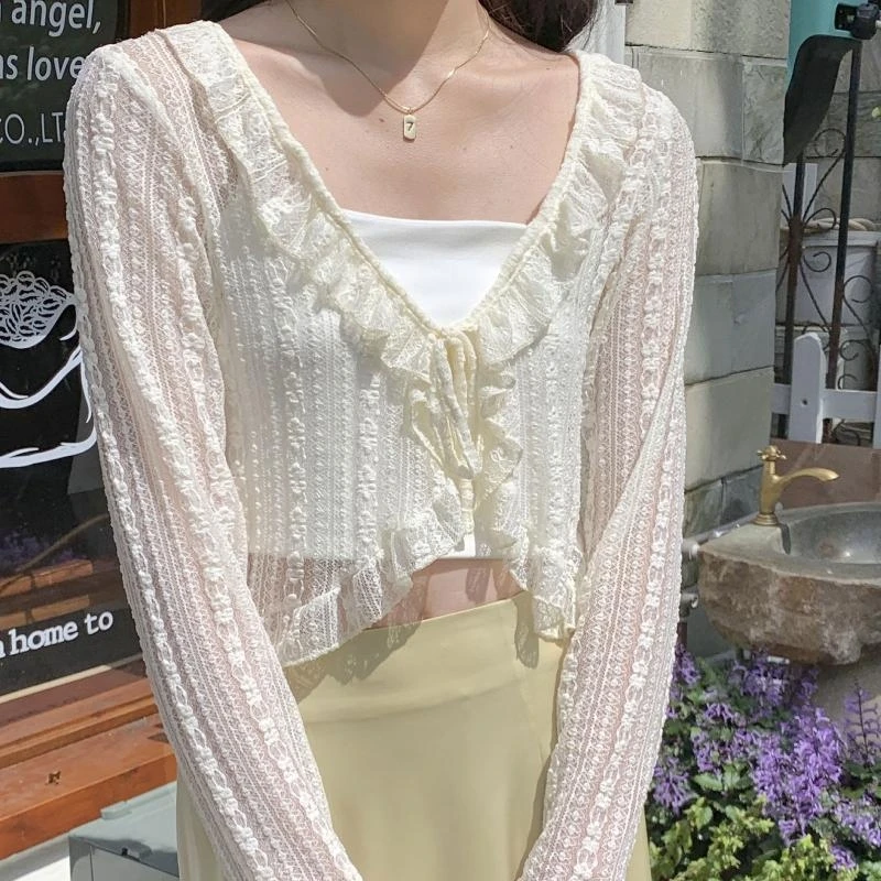

HX6F Women Summer Long Sleeve Lace Shrug Tie Knot Front Striped Mesh Cropped Cardigan Beachwear Ruffle Trim Color Sheer Up
